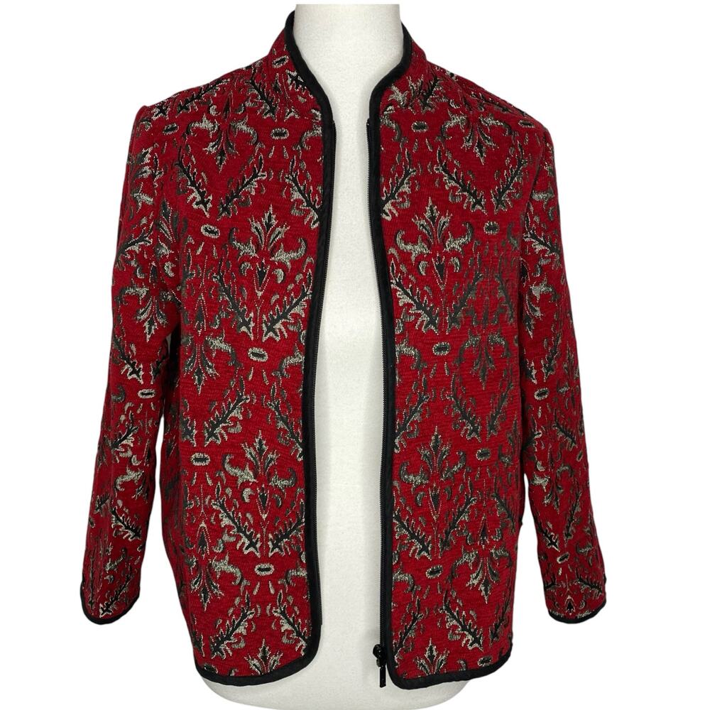 Studio Works Jacket Full Zip Red Silver Damask Tapestry Medium Petite Regal Boho - Picture 6 of 14